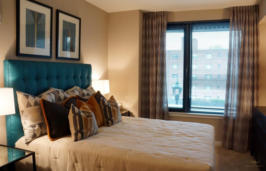 lined sheer panels on ceiling mounted rods. Fullness is more than 300% times.